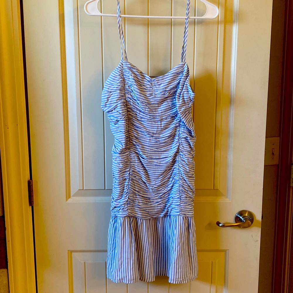 Cute pin striped denim/white adjustable spaghetti strapped mini dress